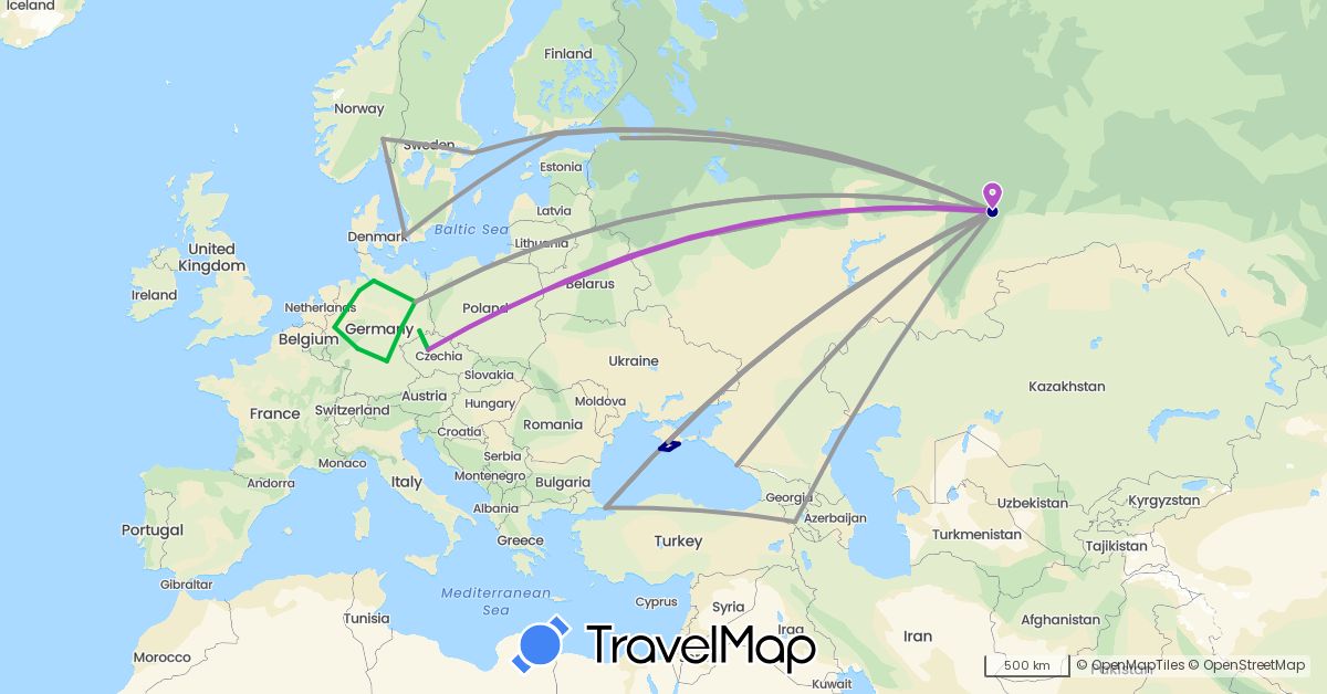 TravelMap itinerary: driving, bus, plane, train in Armenia, Belarus, Czech Republic, Germany, Denmark, Finland, Norway, Poland, Russia, Sweden, Turkey, Ukraine (Asia, Europe)